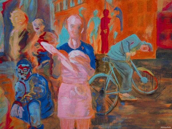 Mural on temporary particleboard