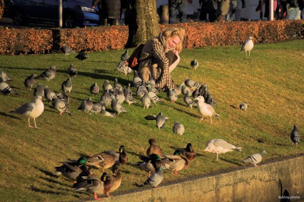 Woman and pigeons at park